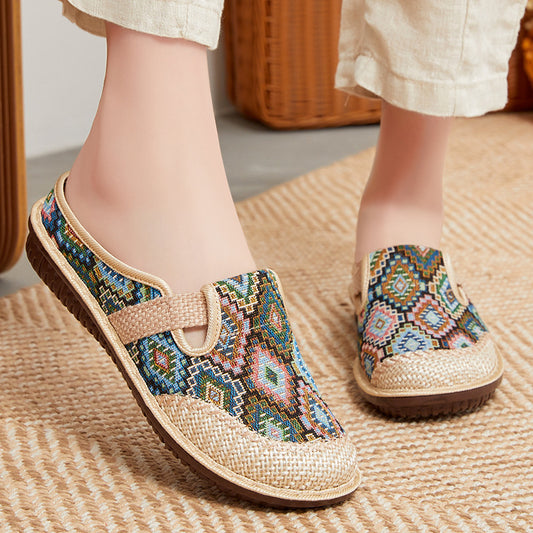 Embroidered style linen woven casual breathable half slippers