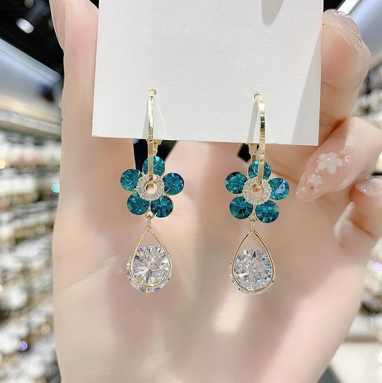 Magnetic Ear Clips & Blue Crystal Flower Earrings