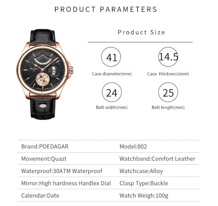 Top Brand POEDAGAR Men's Leather Watch