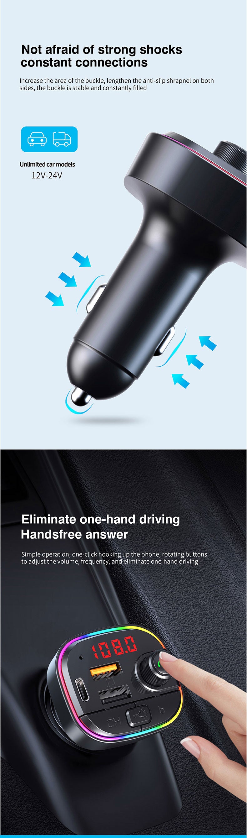 Bluetooth 5.0 FM Transmitter/ Fast USB Charger Adapter/ Wireless Car MP3 Player
