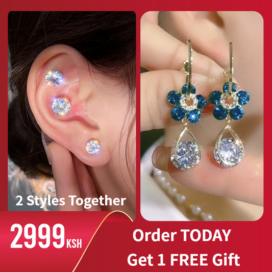 Magnetic Ear Clips & Blue Crystal Flower Earrings