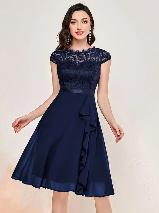 Elegant Lace Ruffle Trim Party Dress