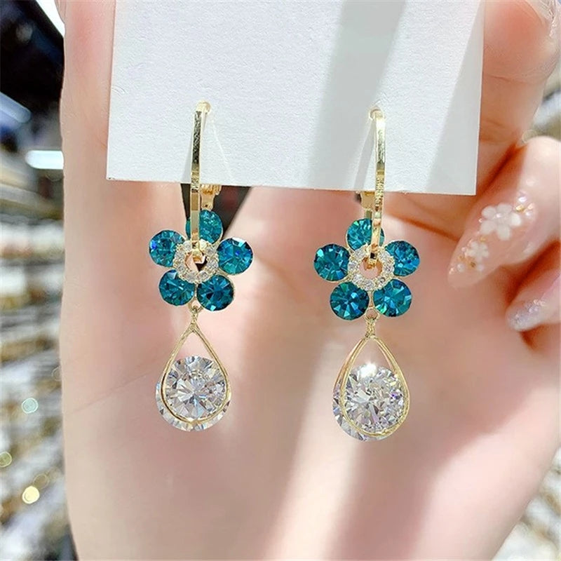 Fashion Blue Crystal Flower Earrings